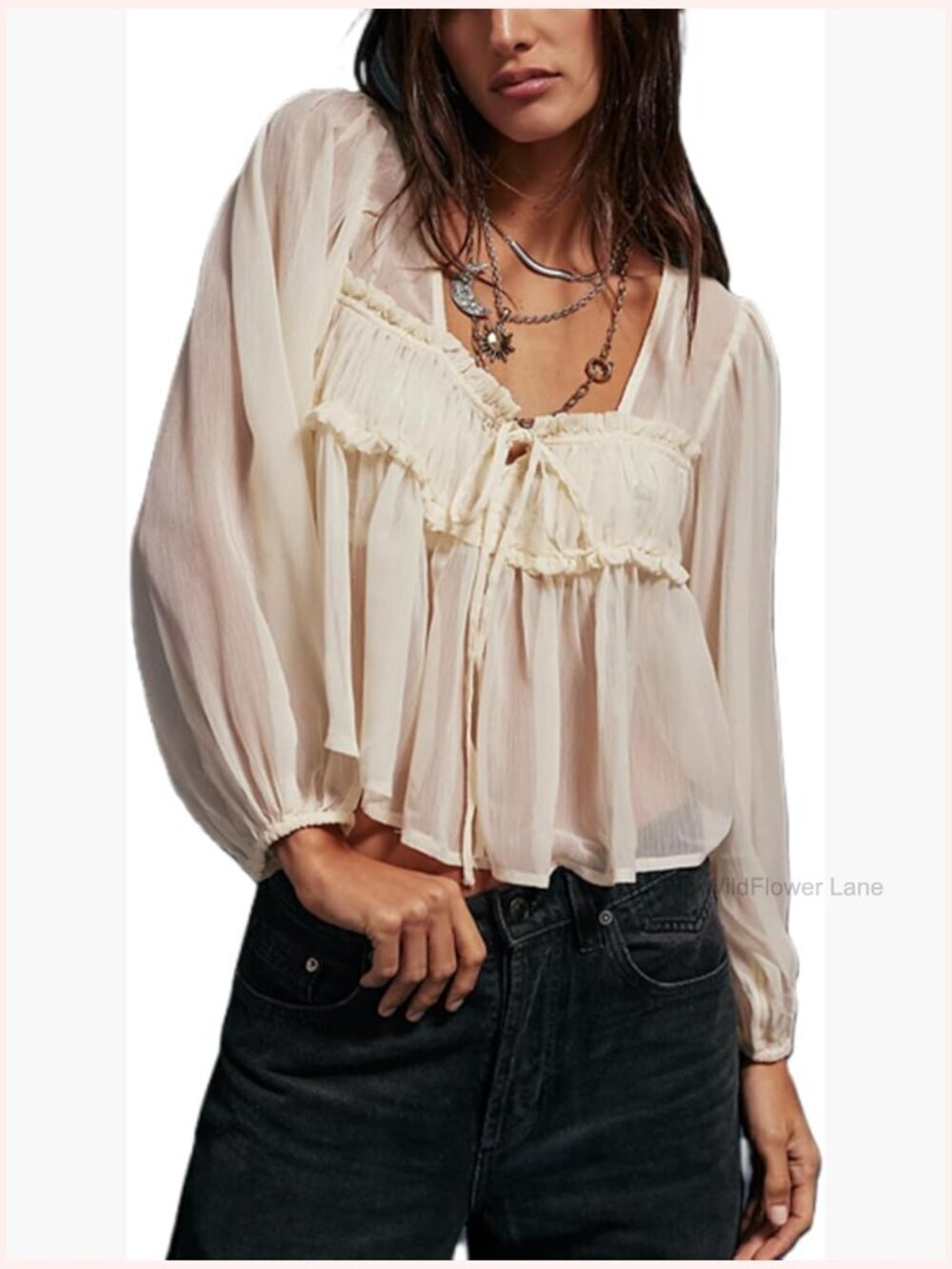 Long Sleeve Mesh Sheer Blouse Ruffle Hem Y2K Party Top